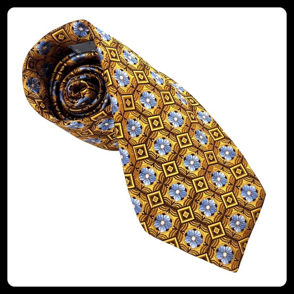 Robert Talbott Best of Class Tie Men's Gold Blue Floral Jacquard Silk USA 3.6"